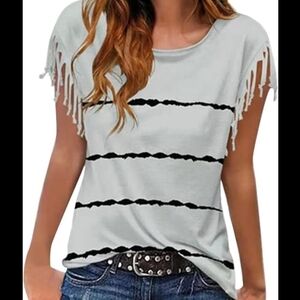 Women's Tassel Short Sleeve Round Neck T-Shirt Sz L